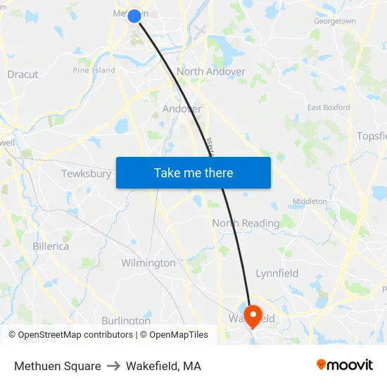 Methuen Square to Wakefield, MA map