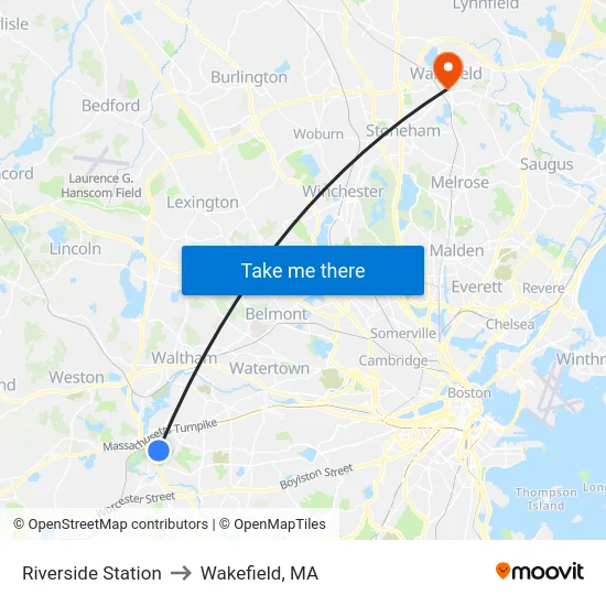 Riverside Station to Wakefield, MA map