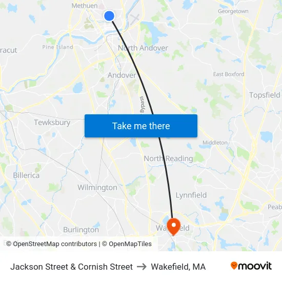 Jackson Street & Cornish Street to Wakefield, MA map
