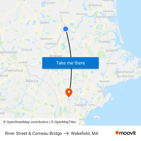 River Street & Comeau Bridge to Wakefield, MA map