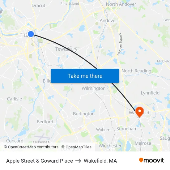 Apple Street & Goward Place to Wakefield, MA map