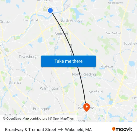 Broadway & Tremont Street to Wakefield, MA map