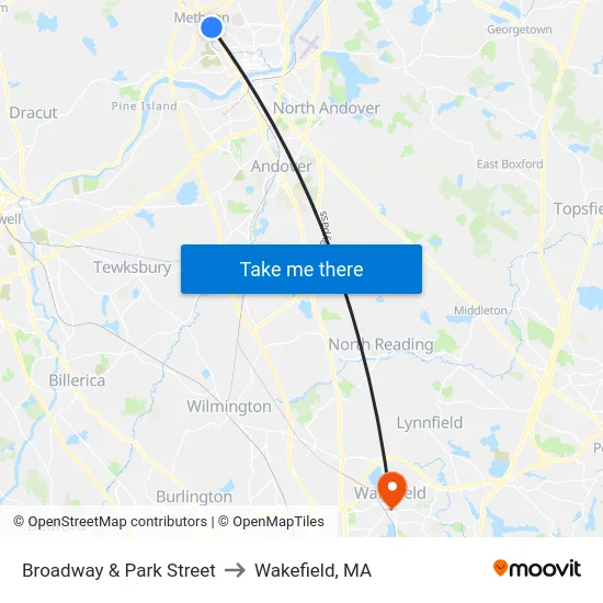 Broadway & Park Street to Wakefield, MA map