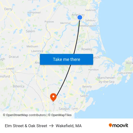 Elm Street & Oak Street to Wakefield, MA map