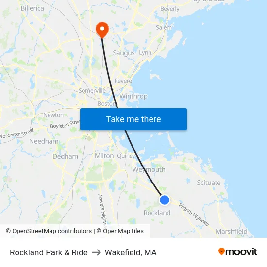 Rockland Park & Ride to Wakefield, MA map
