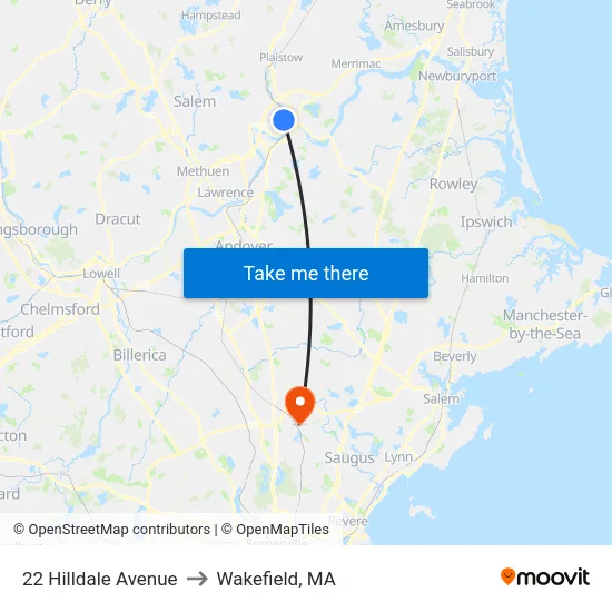 22 Hilldale Avenue to Wakefield, MA map