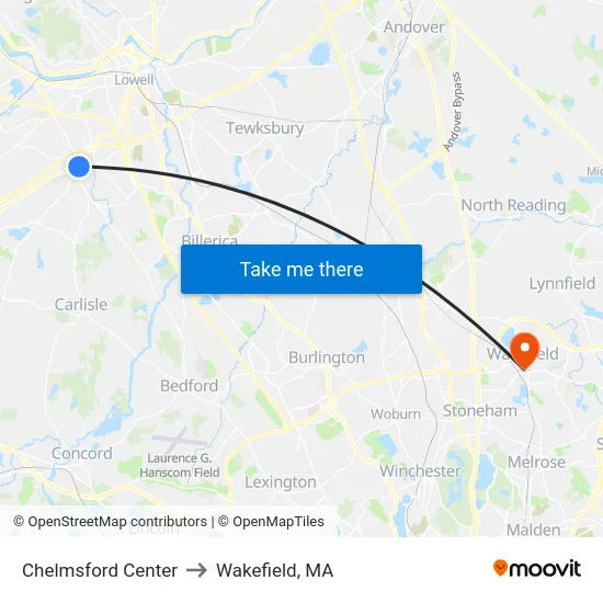 Chelmsford Center to Wakefield, MA map