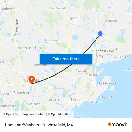 Hamilton/Wenham to Wakefield, MA map