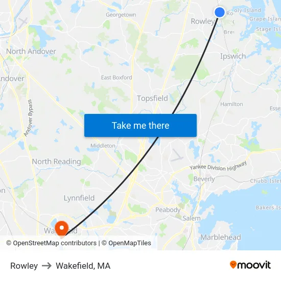 Rowley to Wakefield, MA map