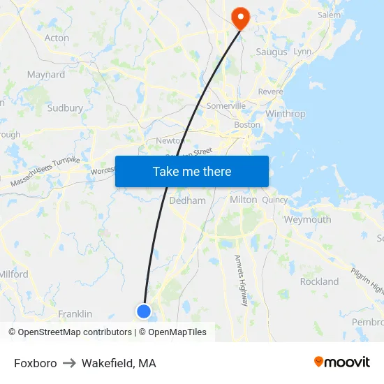 Foxboro to Wakefield, MA map