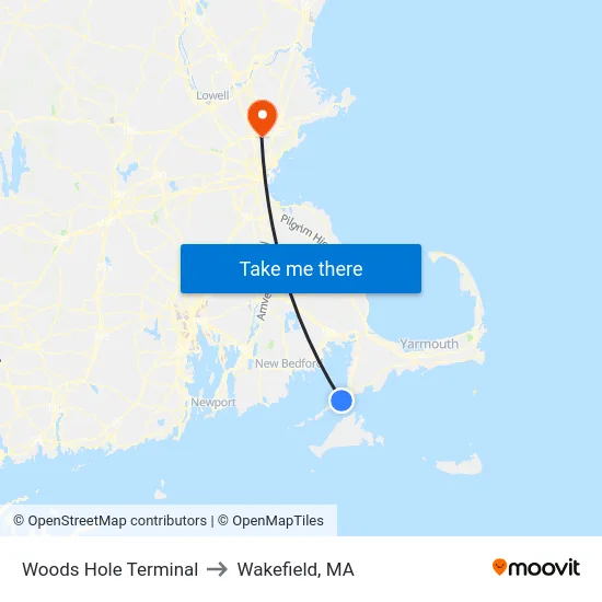 Woods Hole Terminal to Wakefield, MA map