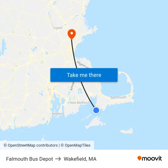 Falmouth Bus Depot to Wakefield, MA map
