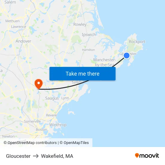 Gloucester to Wakefield, MA map