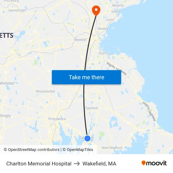 Charlton Memorial Hospital to Wakefield, MA map