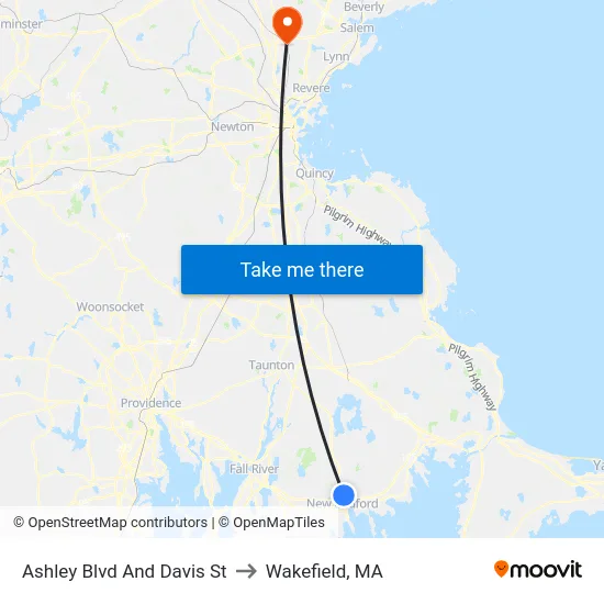 Ashley Blvd And Davis St to Wakefield, MA map