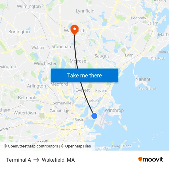 Terminal A to Wakefield, MA map