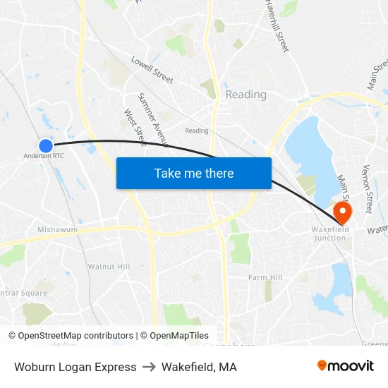 Woburn Logan Express to Wakefield, MA map