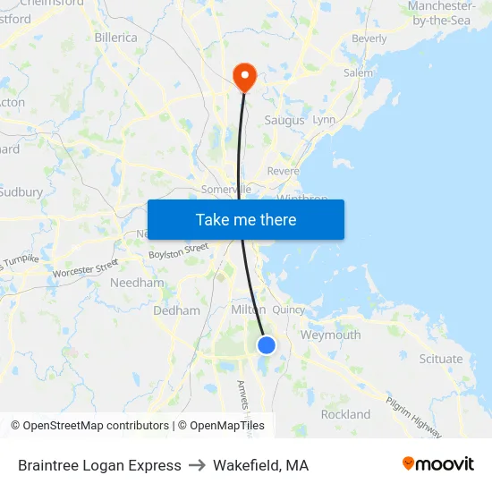 Braintree Logan Express to Wakefield, MA map