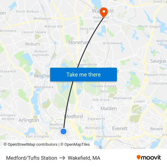 Medford/Tufts Station to Wakefield, MA map