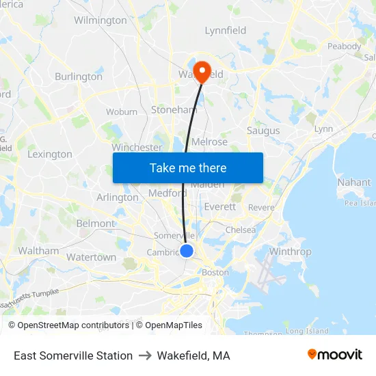 East Somerville Station to Wakefield, MA map