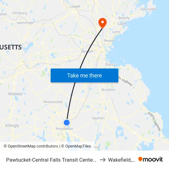 Pawtucket-Central Falls Transit Center (Stop B) to Wakefield, MA map