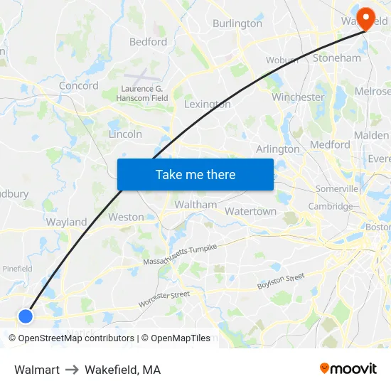 Walmart to Wakefield, MA map