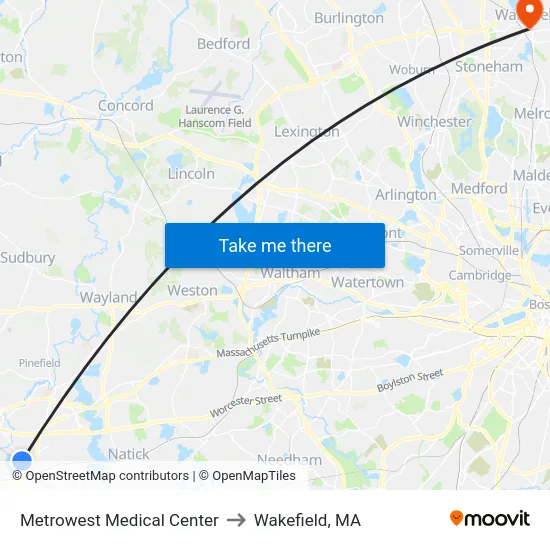 Metrowest Medical Center to Wakefield, MA map