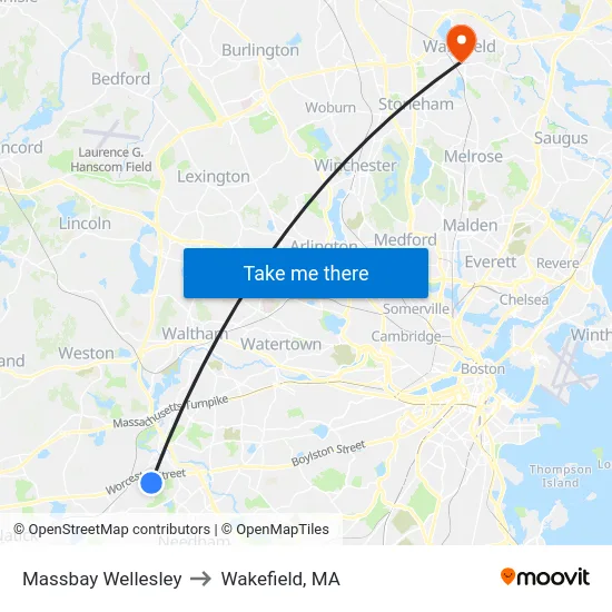 Massbay Wellesley to Wakefield, MA map