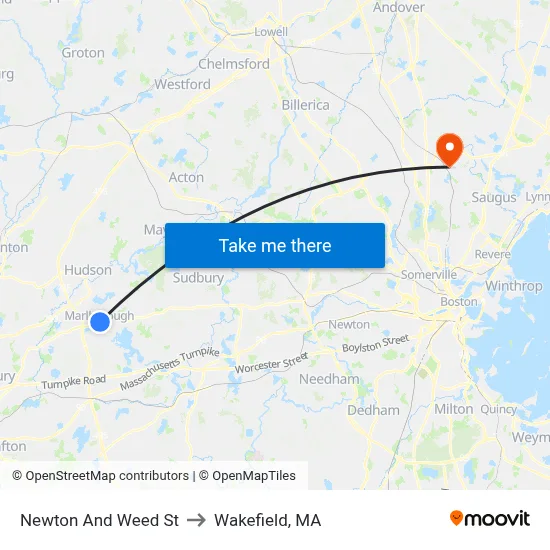 Newton And Weed St to Wakefield, MA map