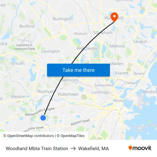 Woodland Mbta Train Station to Wakefield, MA map
