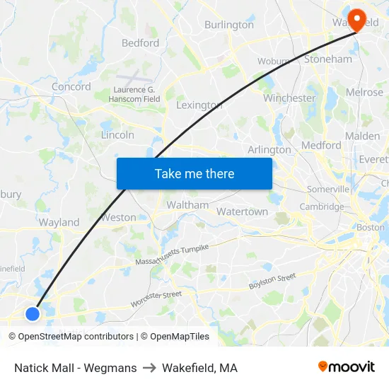 Natick Mall - Wegmans to Wakefield, MA map
