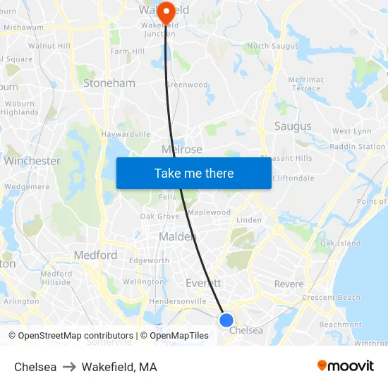 Chelsea to Wakefield, MA map