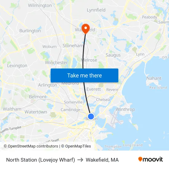 North Station (Lovejoy Wharf) to Wakefield, MA map