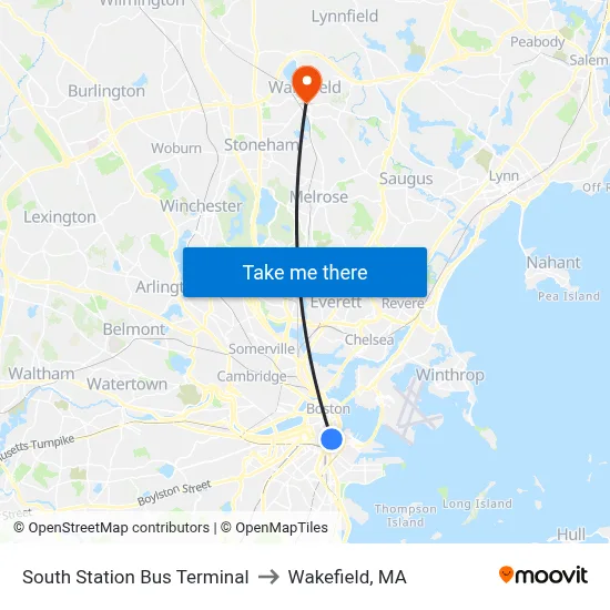 South Station Bus Terminal to Wakefield, MA map