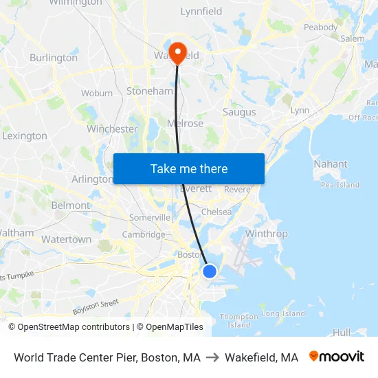 World Trade Center Pier, Boston, MA to Wakefield, MA map