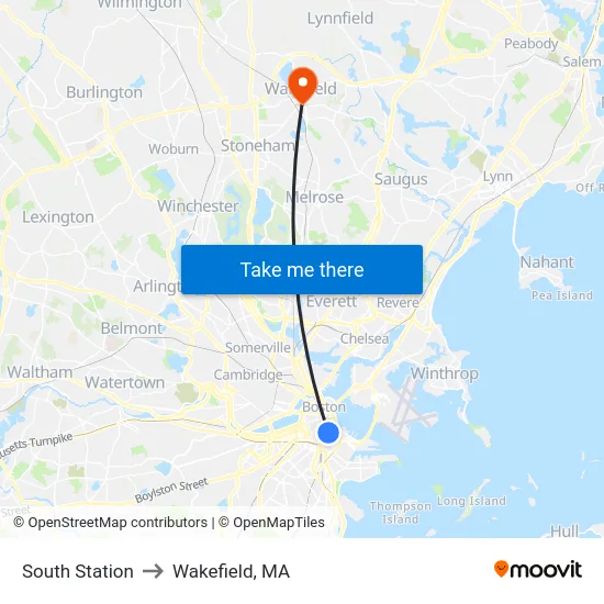 South Station to Wakefield, MA map