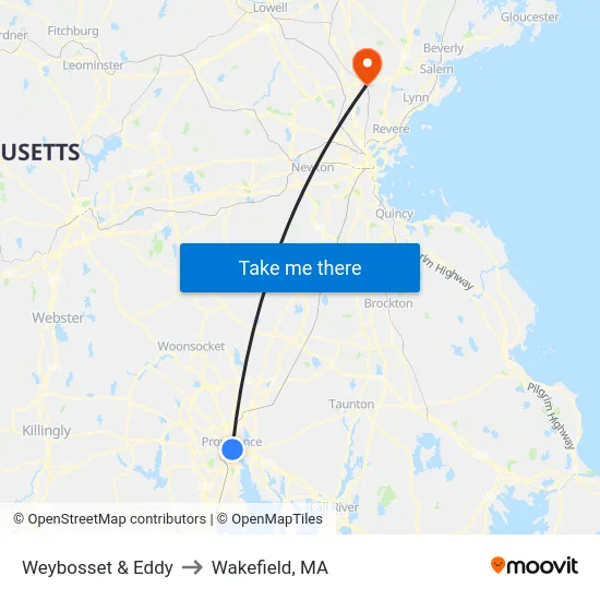 Weybosset & Eddy to Wakefield, MA map