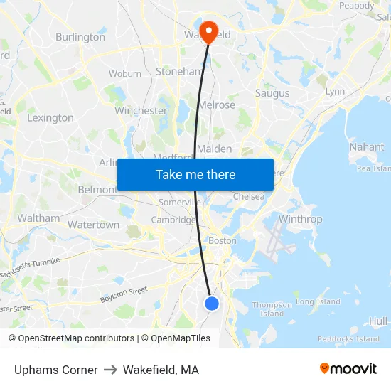 Uphams Corner to Wakefield, MA map