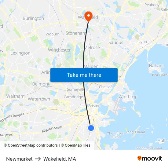 Newmarket to Wakefield, MA map
