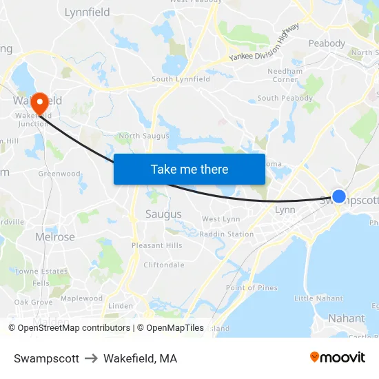 Swampscott to Wakefield, MA map