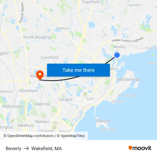 Beverly to Wakefield, MA map