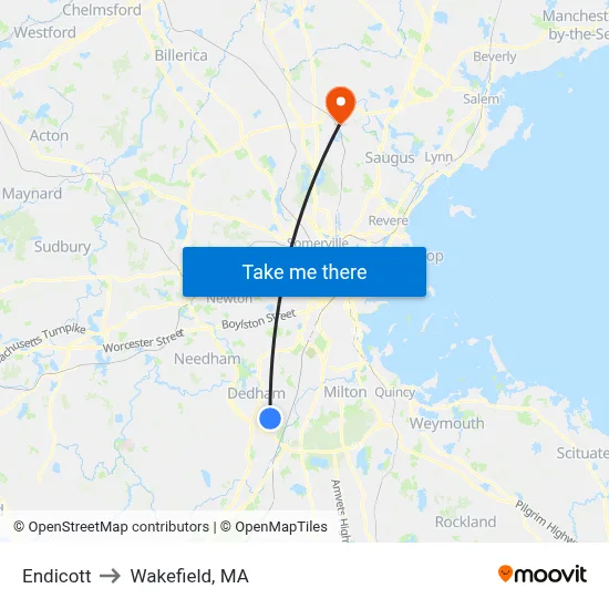Endicott to Wakefield, MA map