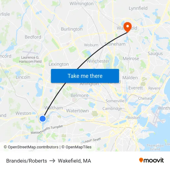 Brandeis/Roberts to Wakefield, MA map