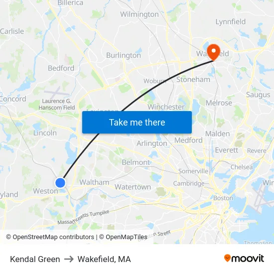 Kendal Green to Wakefield, MA map