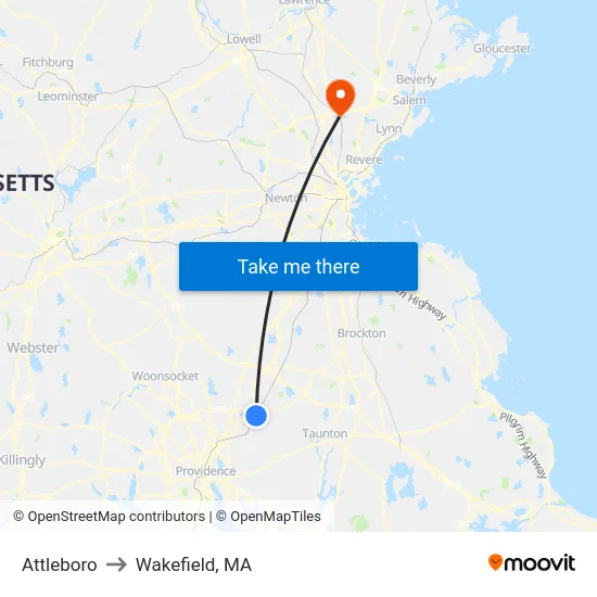 Attleboro to Wakefield, MA map
