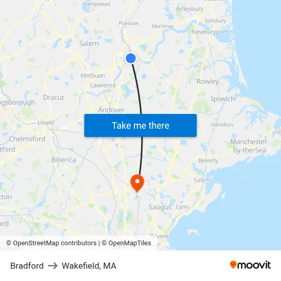 Bradford to Wakefield, MA map