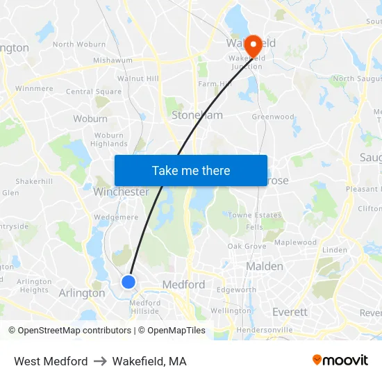 West Medford to Wakefield, MA map