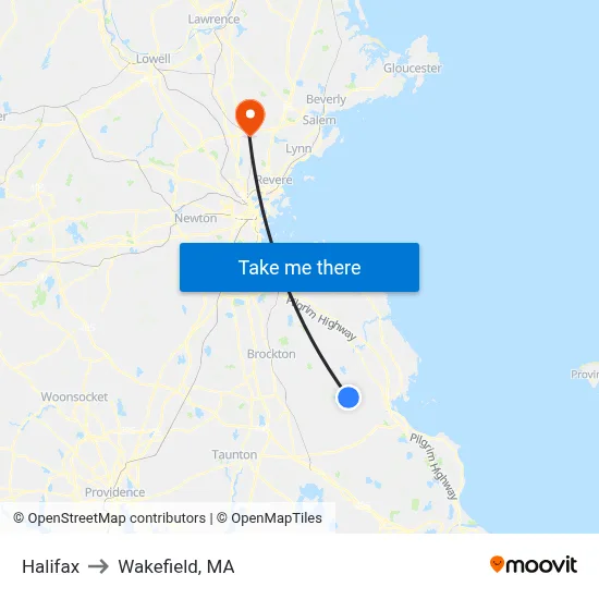 Halifax to Wakefield, MA map