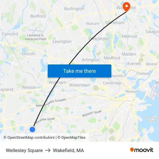Wellesley Square to Wakefield, MA map