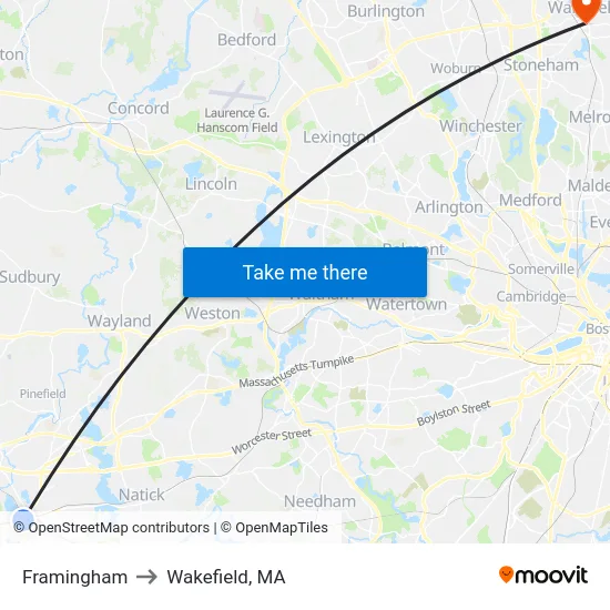 Framingham to Wakefield, MA map